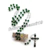 Katholische grüne Kristall-Rosenkranz-Halskette für Männer und Frauen, lange Emaille-Jesus-Kreuz-Anhänger, religiöser Schmuck