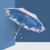 Dubbelskikt Sun Paraply Regn Kvinnor Vindskyddad Trähandtag 3 Fällande Anti-UV Parasol Girl Flower Paraply för present