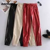 Aachoae Lady Full Length Pu Pantaloni in pelle con coulisse Sport Style Pantaloni lunghi da donna Baggy Matita casual Pantalon Mujer 211102