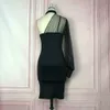 Черное одно плечо платье с длинным рукавом сетка лоскутное вечернее вечернее вечеринка прозрачные женщины события события без спинки платья XXL 210527