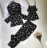 Sapjon 3 Sztuk Kobiety Piżamy Zestawy Z Spodnie Sexy Pajama Satin Flower Print Nightwear Silk Nisgeee Piżama Q0706