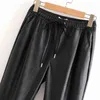 Vintage élégant Pu poches en cuir pantalon mode taille élastique cordon cravate cheville pantalon pantalons Mujer 211124