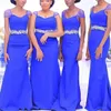 Blue Bridesmaid Royal Dresses Mermaid Chiffon med remmar Lace Applique Plus Size Maid of Honor Beach Wedding Party Gown Vestido