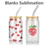 16oz 12oz Sublimation Glass Bier Tassen mit Bambusdeckel Stroh Stroh Bumbler DIY Blanks Frosted Clear Can Fored Cups Heat Transfer Cocktail Iced Kaffee Whisky Glasse