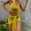 Glamaker Red Tricoté 2 pièces Costumes Crop Top et jupe Lady Ensembles Holiday Femmes Mode Sexy Bandage Élégant Robe plissée 210730