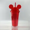 Tobeurs d'oreille de souris transparente de 16 oz avec paille 450 ml oreilles de souris tasse acrylique en plastique bouteilles d'eau mignon tasses