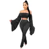 Dames tweedelige broek Cuteubly Ruched Set Sexy Slash Neck Suit Trainingspak Flare Sleeve Tops en Gestapelde Fitness Outfit Fashion