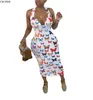 CM.YAYA Femmes Papillon Imprimer Sans Manches Col En V Moulante Mi-mollet Longueur Robe Sexy Party Club Midi Bandage Crayon Robes 210309