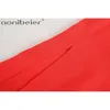 赤い緩いトップス夏のファッションドロップショルダーVネックスリットサイド女性カジュアルブラウス女性リストスリーブプルオーバー210604