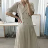 Korejpaa Frauen Kleid Sommer Koreanische Chic Damen Retro Sanfte Anzug Kragen Zweireiher Nähte Lose Plissee Vestidos 210526