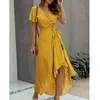 Günlük Elbiseler 2021 Maxi Elbise Kadınlar Polka Dot Seksi V Boyun Ruffles Kısa Kollu Tatil Uzun Plaj Sundress Bayanlar Lace Up Wrap Partisi