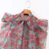 NSZ Women Floral Transparent Organza Blouse Sheer Bow pesco