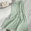 Pleated Button down Skirt Fresh Slide Split Fork Summer Dress Korean Version of Green Flower 210529