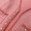 Peut-être U Automne Rose Tweed Tricoté Ensemble Deux Pièces Cardigan Sans Manches Réservoir Gilet Robe Perle Bouton Gland Rugueux Eadge T0258 210529