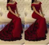 2022 Red Black 2 Piece Evening Prom Dresses Homecoming Long Off Shoulder Sleeves Applique Trumpet Graduation Dress For High School