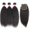 pliage droit 3 paquets d'extensions de cheveux humains malaisiens yaki droits avec fermeture en dentelle 4x4