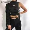 Women's T-Shirt ZHYMIHRET Reflective One Shoulder Halter T Shirt Women Bag Buckle 2021 Autumn Neon Crop Top Long Sleeve Tshirt Female Street