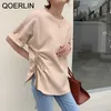 Sweet Baby Green Lace Up Tees Girly Korean Short Sleeve T-shirt Women Hem Slit Fashion Loose Casual Solid Top 210601
