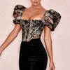 طوق مربع تشفير Jacquard boned bustier محصول القميص قميص النفخة مثيرة القمصان عارية الذروة بلوزة النساء سستة أنيقة 200924