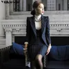 OL werk gestreept kantoor dame jurk suits 2 tweedelige sets elegante vrouwen blazer jas + mode-schede jurken femme trainingspak 210608