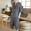 Fatos masculinos 2021 verão estilo chinês terno de linho manga curta t-shirt tendência coreana magro algodão de duas peças e set324z