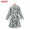 Tangada Fashion Women Floral Print French Dress Wtih Bow Långärmad High Street Ladies Midi Dress Xn275 210609