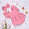 Kids Clothes Girls 2021 Summer Newborn Infant Baby Cotton Linen Fly Sleeve Romper + Headbands 2pcs/set Boutique Toddlers Clothing M3309