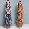 Zomer mode elegante vrouwen bedrukte geplooide jurk driekwart mouwen v-hals chiffon print jurk 210531