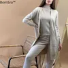 Kvinnor tröja 3 stycken set TRACKSUIT 2020 Höst Winter Long Cardigan Coat + Halv Turtleneck Vest + Byxor Stickade Suits Outfits Y0625