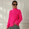 Néon Pull Femmes Tricoté Fuchsia Rose Solide Demi Col Roulé Pulls Long Casual Lâche Tricot Chemises Femme Cavaliers 211124