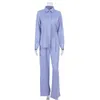 Blue Satin Solid Women's 2 Pieces Suit Loungewear Shirt Tops+wide Leg Pants Ladies Home Suit Wear Loose Casual Trousers Set Chic 210622