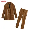 Tangada Kvinnors Set Solid Faux Leather Blazer Suit 2 Piece Set Kvinna Notched Collar Jacket Ladies Blazer Byxor Set Be125 210609