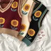 Vintage Sunflower Women Crop Vest Sleeveless Chic Fashion Knitted Vests Korean Outwear Tops Drop Autumn Winter 210601