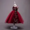 4-15年の刺繍入り子供のドレスのための女の子パーティーエレガントなクリスマスのドレスの女の子の結婚式のボールガウンの子供たちの服赤黒210303