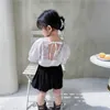 Korean Style Summer Kids Girl 2-pcs Sets White Lace V-neck Shirts + Black Pumpkin Shorts Children Clothes E8032 210610