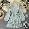 A-Line Elegant Autumn Solid Green Spring Retor Dresses Women Party High Waist Long Sleeve Runway Boho Vintage Dress 210715