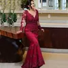 2021 Burgundy Dark Red Plus Size Mother Of The Bride Dresses Mermaid Long Sleeves Lace Appliques Crystal Beads Floor Length Formal Women Wedding Evening Guest Gowns