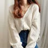 Qooth Fashion Cardigan Sweter Kobiety V Neck Hollow Out Lady Woolen Mieszanki Pełna Rękaw Dzianiny Jumper Kobieta QH139 210609