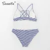 Seaselfie sexy azul e branco listra triângulo biquíni conjuntos mulheres roupa de banho de baixa cintura dois pedaços praia banhos de banho swimwear 210702