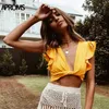 Aproms Yellow White Ruffles Top Top Women Women Summer V-Wow Crop Front Crop Top Female Beach Camion Camion Teste Bhite Teste bianche 210308