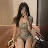 Corea Fashion Suit Summer Tops Sexy Short Top T Shrit + Knitting High Withing Sexy Women Shorts Set 9way 210721