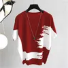 Verão Mulheres Camisola Pullover Thin Knitted Pull Femme Tops Tops Patchwork O Pescoço Jumper Essential Manga Curta Sueteres de Mujer 210812