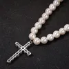 Pearl Chain Necklace Cross Pendant Hip Hop Necklaces for Women Men 8~10mm Pearls Beads Link Vintage Necklace Statement Jewelry Gift