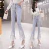 Femme Jeans Pantalon Automne Taille Haute Stretch Bifurqué Rivet Perles Denim Bell-Bottom Pantalon Mots Pantalones Vaqueros Mujer H0908