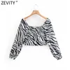 Zevity Women Vintage Zebraストライププリント短いスモックブラウス女性のプリーツ長袖サイドジッパーシャツシックBlusas Tops LS9233 210603