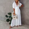 2021 Kobiety Biały Maxi Sukienka Backless Głębokie V Neck Wzburzyć Pojedyncze Breasted Opaste Seksowne Lato Długie Wakacje Plażowa Dress X0521