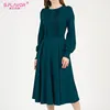 S.FLAVOR Women Vintage Solid Color A-line Dress Elegant Green Long Sleeve Pleated Midi Vestidos Spring Casual Dresses 220210