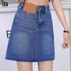 LY VAREY LIN Frühling Sommer Frauen Casual Denim Röcke mit Gürtel Hohe Taille Solide A-linie Rock Schlanke Tasche Kurze 210526