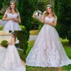 2021 robes de mariée rose blush dentelle appliques sur l'épaule corset dos balayage train pays mariage robe de mariée robe de novia