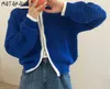 Matakawa Koreańska Moda Kontrast Kolor Cardigan Kobiety Zipper Luźne Grube Stitch Swetry Damskie Krótkie Lapel Sweter Płaszcz Topy 210914
